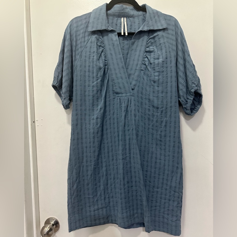 By Anthropologie Blue V-neck Tiered Sleeve Tunic Mini Dress Sz XS - Picture 2 of 7